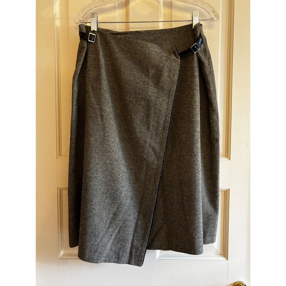 Vintage Ann Taylor LOFT Petites Gray Silk Wool Blend Buckle Wrap Midi Skirt 12P